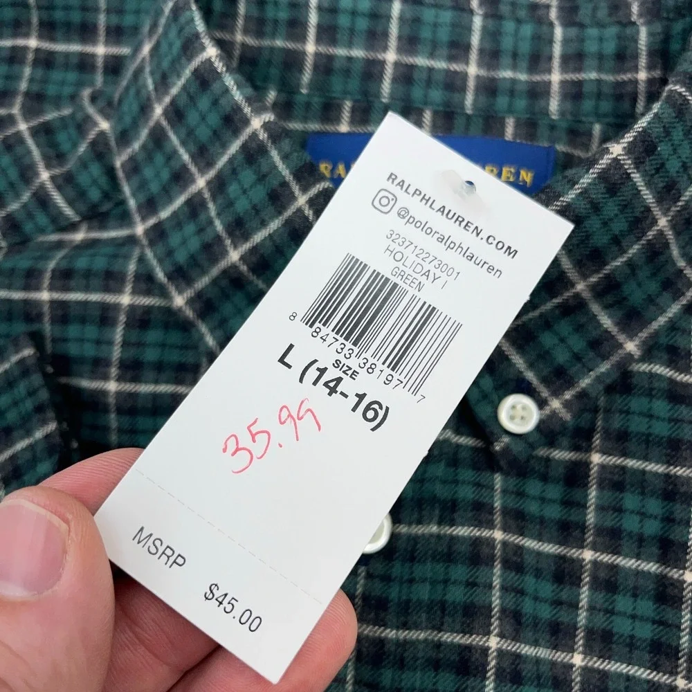 Ralph Lauren Shirt Boys Large Green Black Flannel‎ Button Up Tartan Plaid Youth